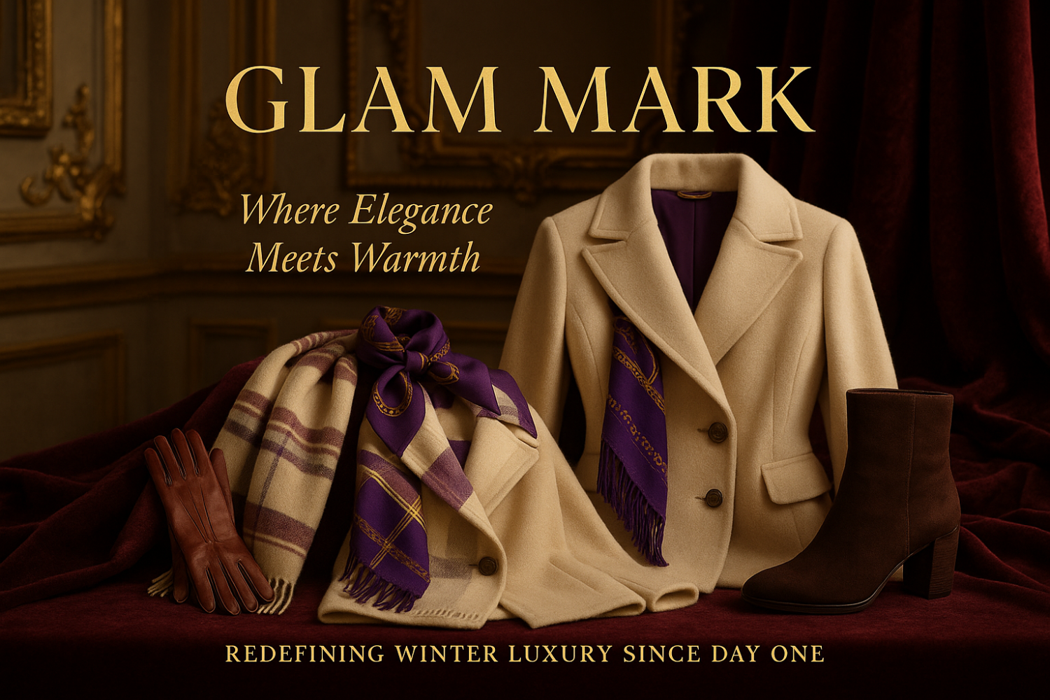 SUGGEST A SLIDE FOR MY STORE NAME GLAM MARK HAVING LADIES WINTER ITEMS TELL MY BRAND STORY IN THIS IMAGE HAVING GOLDEN ROYAL IMAGE