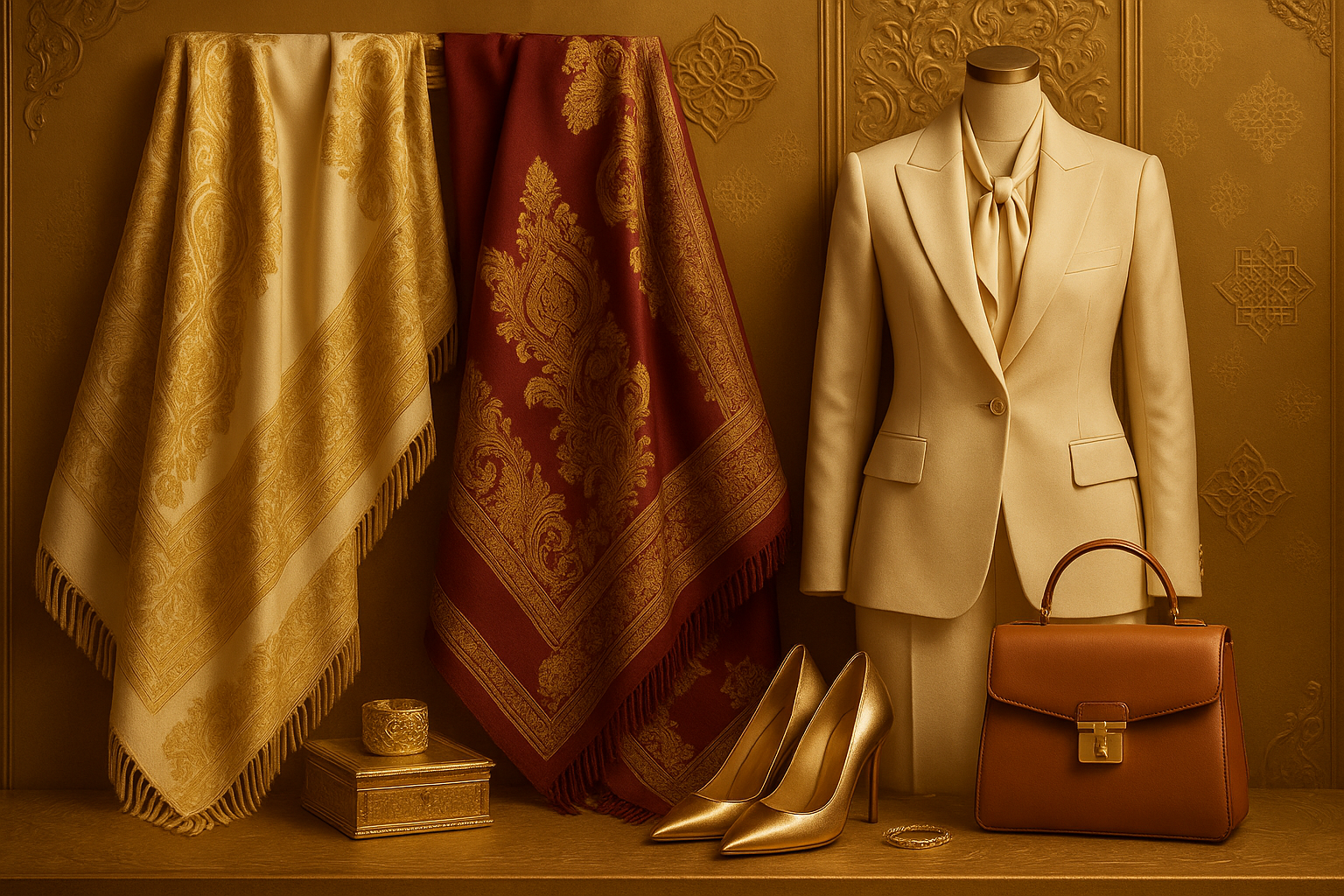 SUGGEST AN GOLDER ROYAL COLOURED LANDING PAGE IMAGE FOR MY STORE HAVING WOMEN SHAWLS SUITS GADGETS AND FASHION